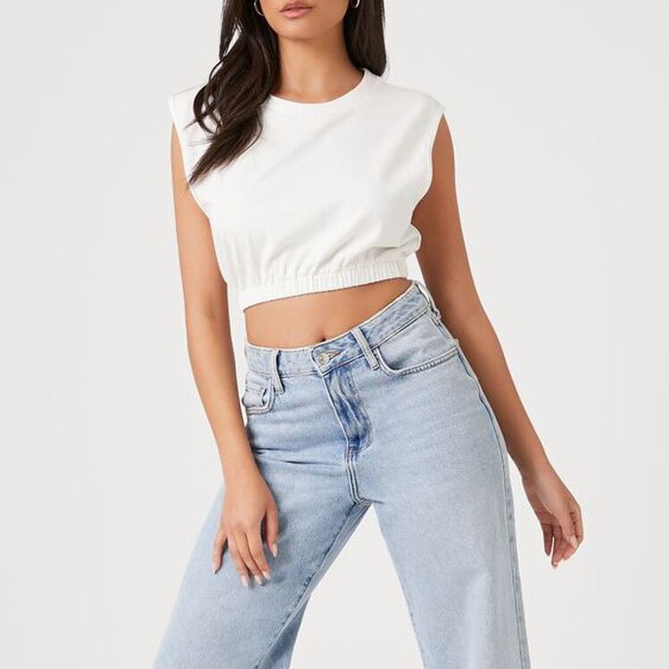 Wholesale custom logo crewneck sweatshirt sleeveless tank top elastic waist knit crop top t-shirt for women