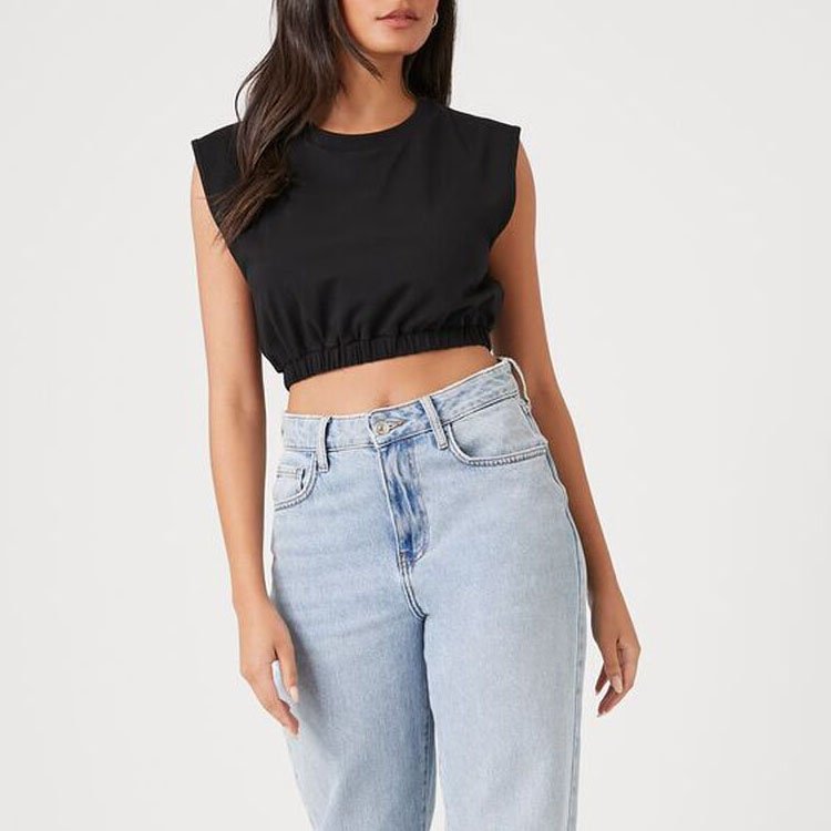 Wholesale custom logo crewneck sweatshirt sleeveless tank top elastic waist knit crop top t-shirt for women