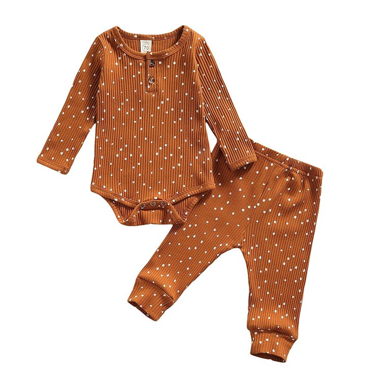 Custom Baby Boy Girl Wave Point Clothes Set Toddler Baby Ribbed Knit Cotton Long Sleeve Romper Pants Set