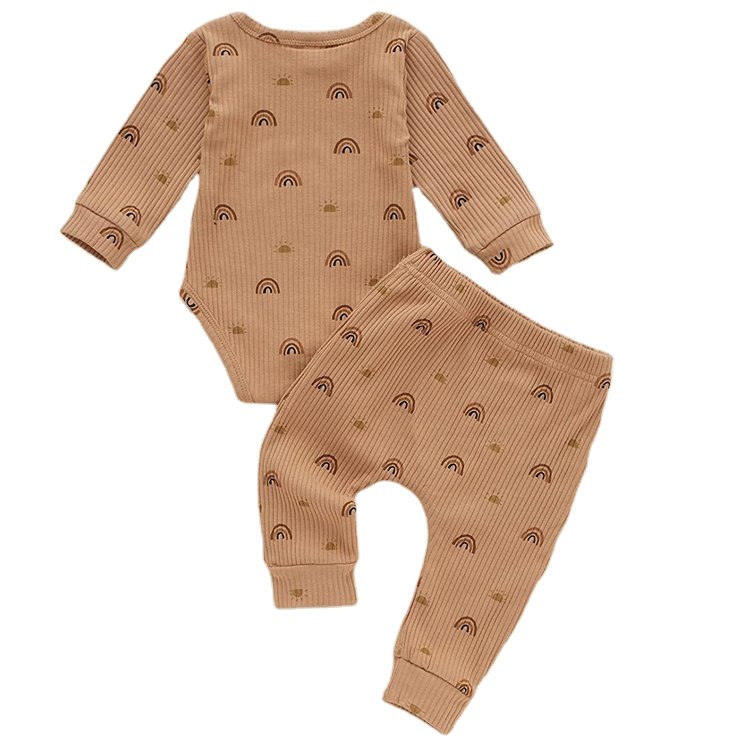 Custom Baby Boy Girl Wave Point Clothes Set Toddler Baby Ribbed Knit Cotton Long Sleeve Romper Pants Set