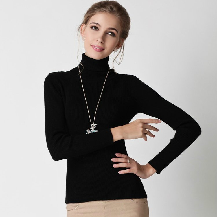 Classical design wool women's ribbed turtleneck sweater tight