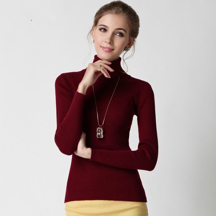 Classical design wool women's ribbed turtleneck sweater tight