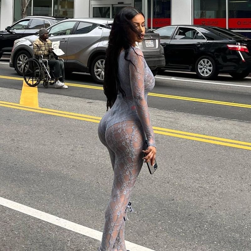 Sexy Perspective Hollow High Waisted Jacquard Tight Fitting Long Sleeved Lace Jumpsuit For Women