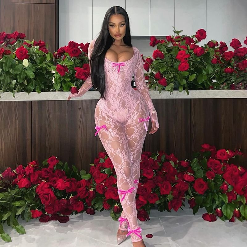 Sexy Perspective Hollow High Waisted Jacquard Tight Fitting Long Sleeved Lace Jumpsuit For Women