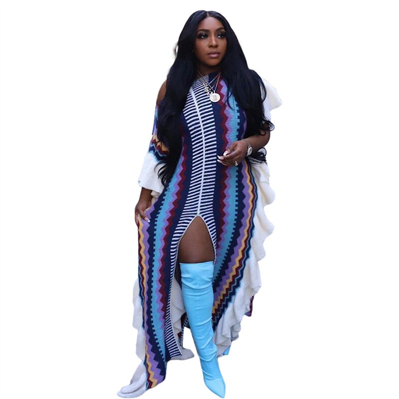 Lotus leaf knitted striped slit dress color matching fashion women's dresses