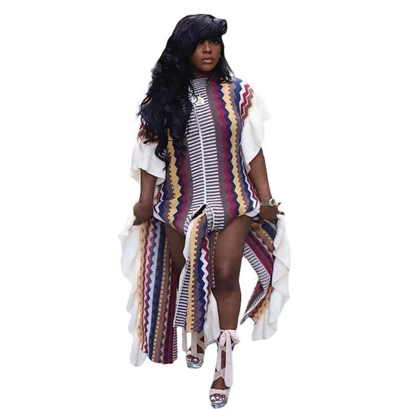 Lotus leaf knitted striped slit dress color matching fashion women's dresses