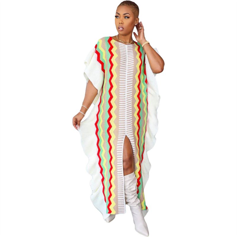 Lotus leaf knitted striped slit dress color matching fashion women's dresses