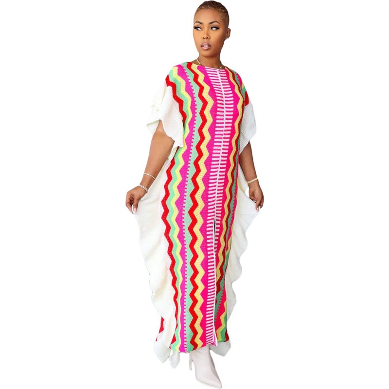 Lotus leaf knitted striped slit dress color matching fashion women's dresses