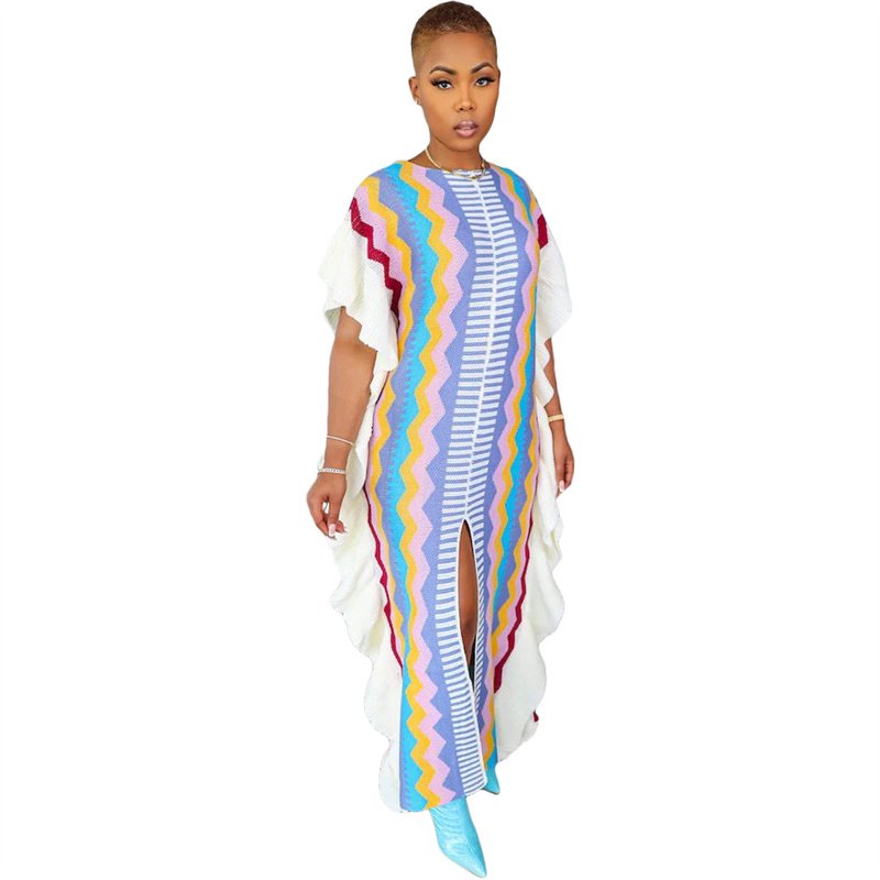 Lotus leaf knitted striped slit dress color matching fashion women's dresses