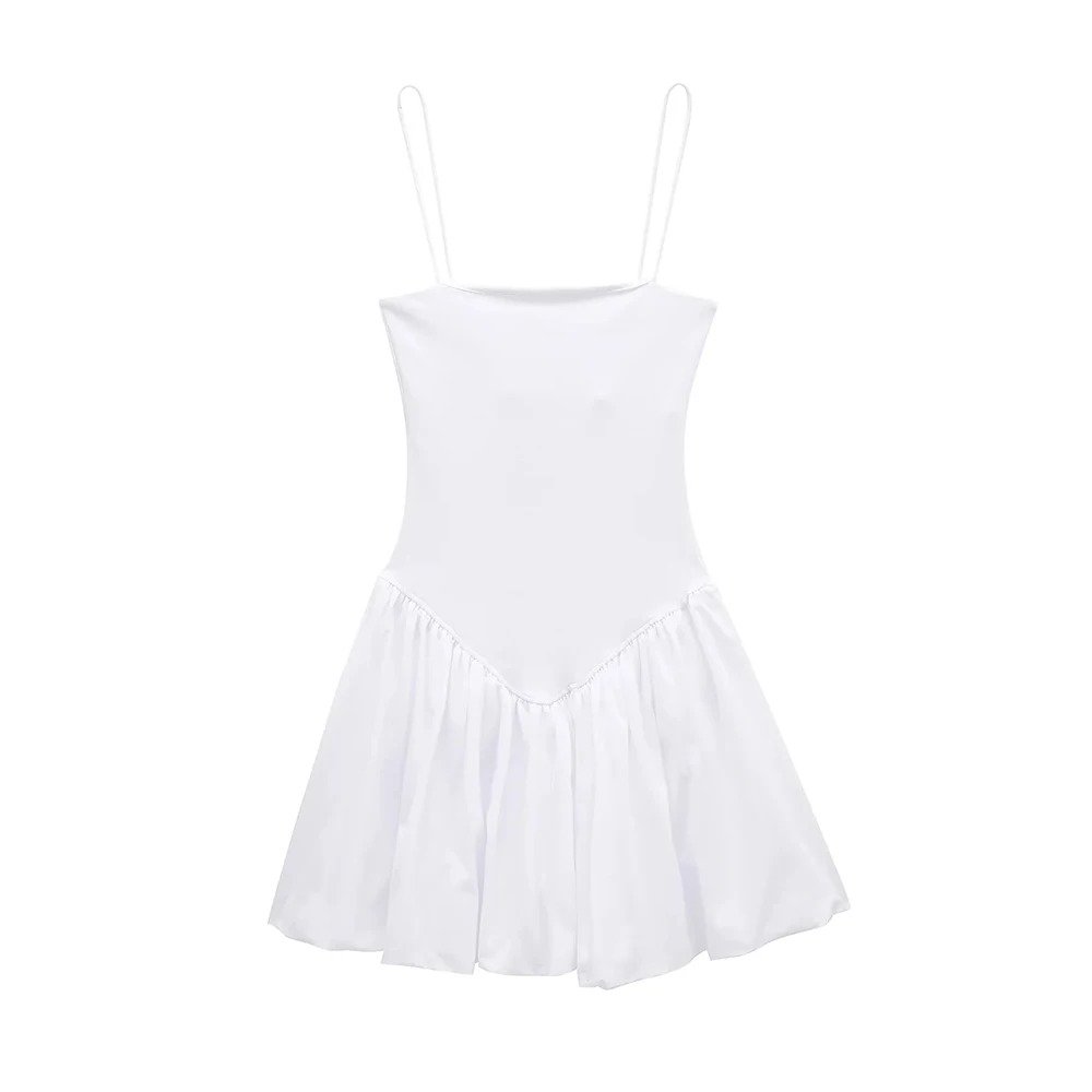 Summer Women's Patchwork Ribbed Poplin Puff Mini Dress Straight Neck Thin Straps Female Dresses Sexy Fashion