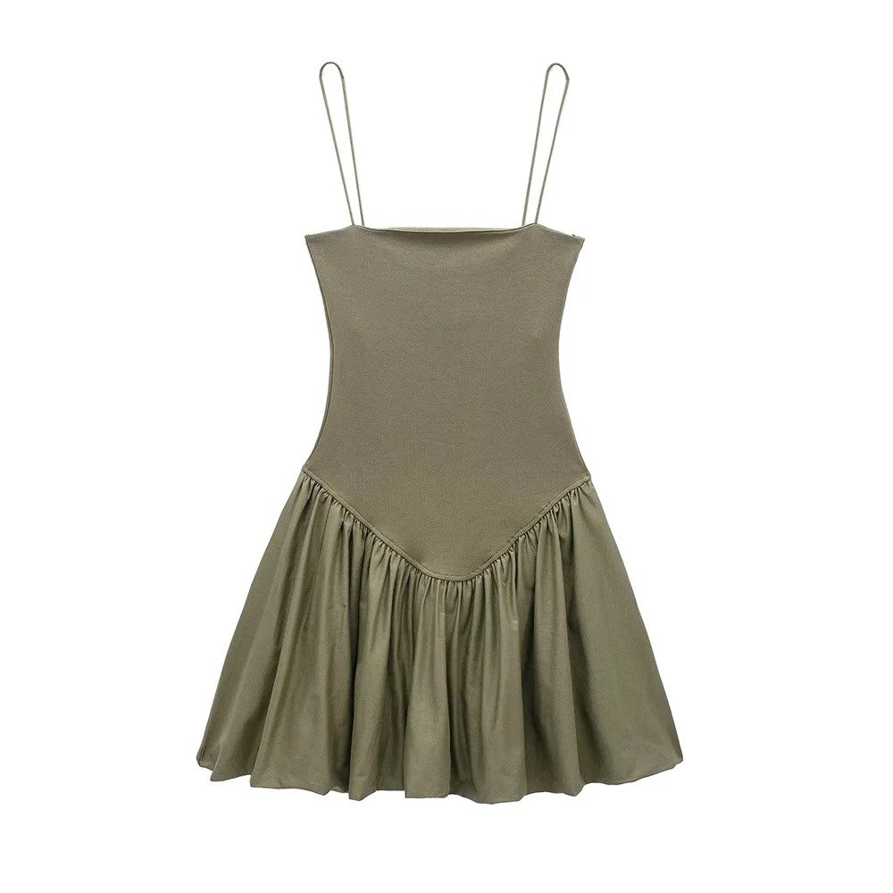 Summer Women's Patchwork Ribbed Poplin Puff Mini Dress Straight Neck Thin Straps Female Dresses Sexy Fashion
