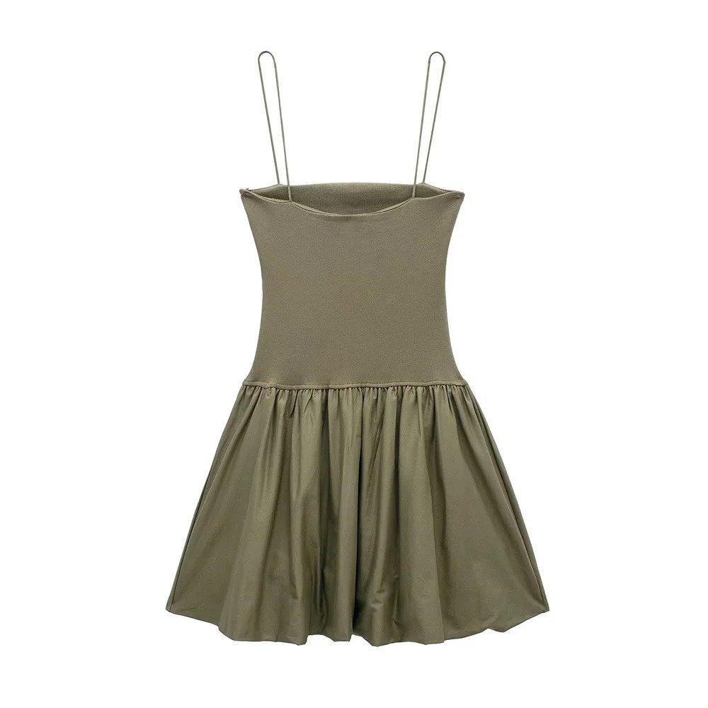 Summer Women's Patchwork Ribbed Poplin Puff Mini Dress Straight Neck Thin Straps Female Dresses Sexy Fashion
