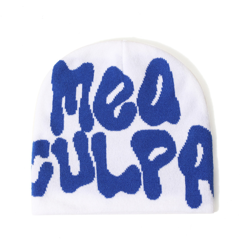 High Quality Manufacturing Oem Custom Logo Vintage Dandy Skull Cap Knitted Hat Winter Mea Culpa Beanies With Letter Jacquard