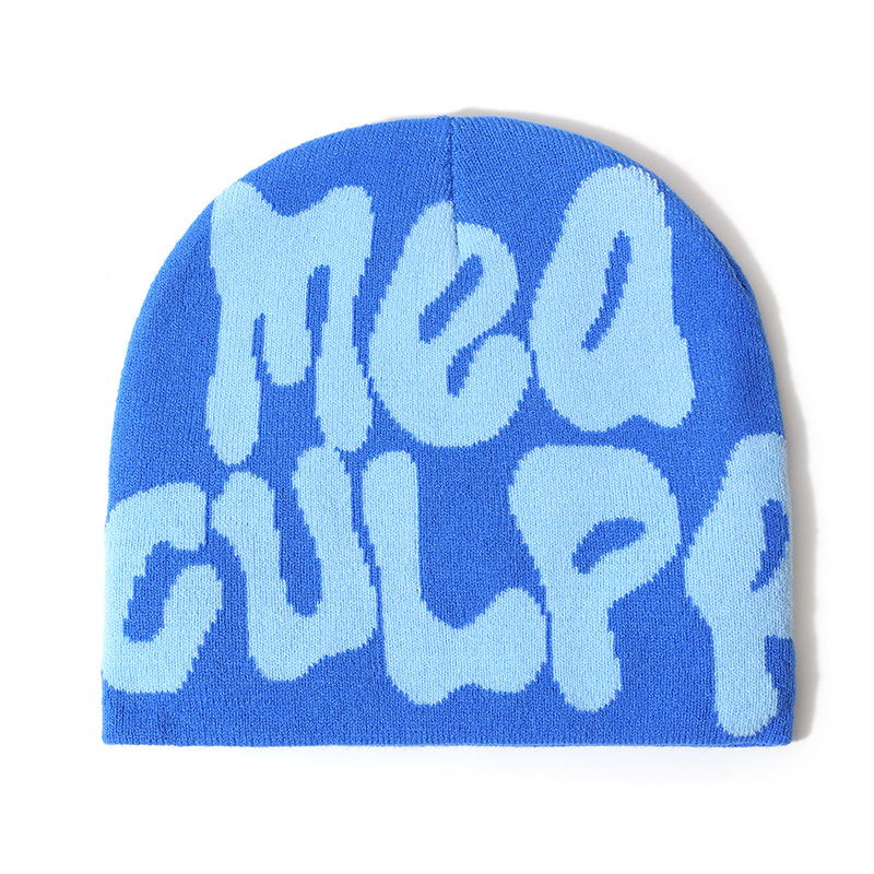High Quality Manufacturing Oem Custom Logo Vintage Dandy Skull Cap Knitted Hat Winter Mea Culpa Beanies With Letter Jacquard