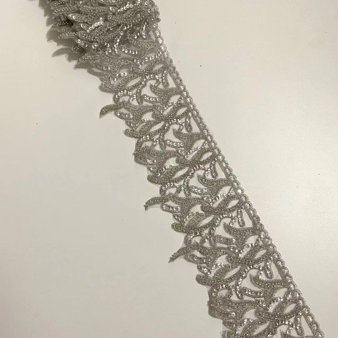 Sew on seed bead lace applique 3d embroidery rhinestone bead lace trim for haute couture