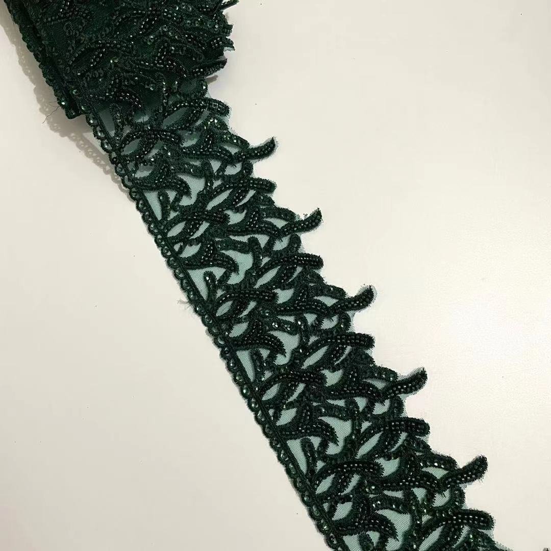 Sew on seed bead lace applique 3d embroidery rhinestone bead lace trim for haute couture