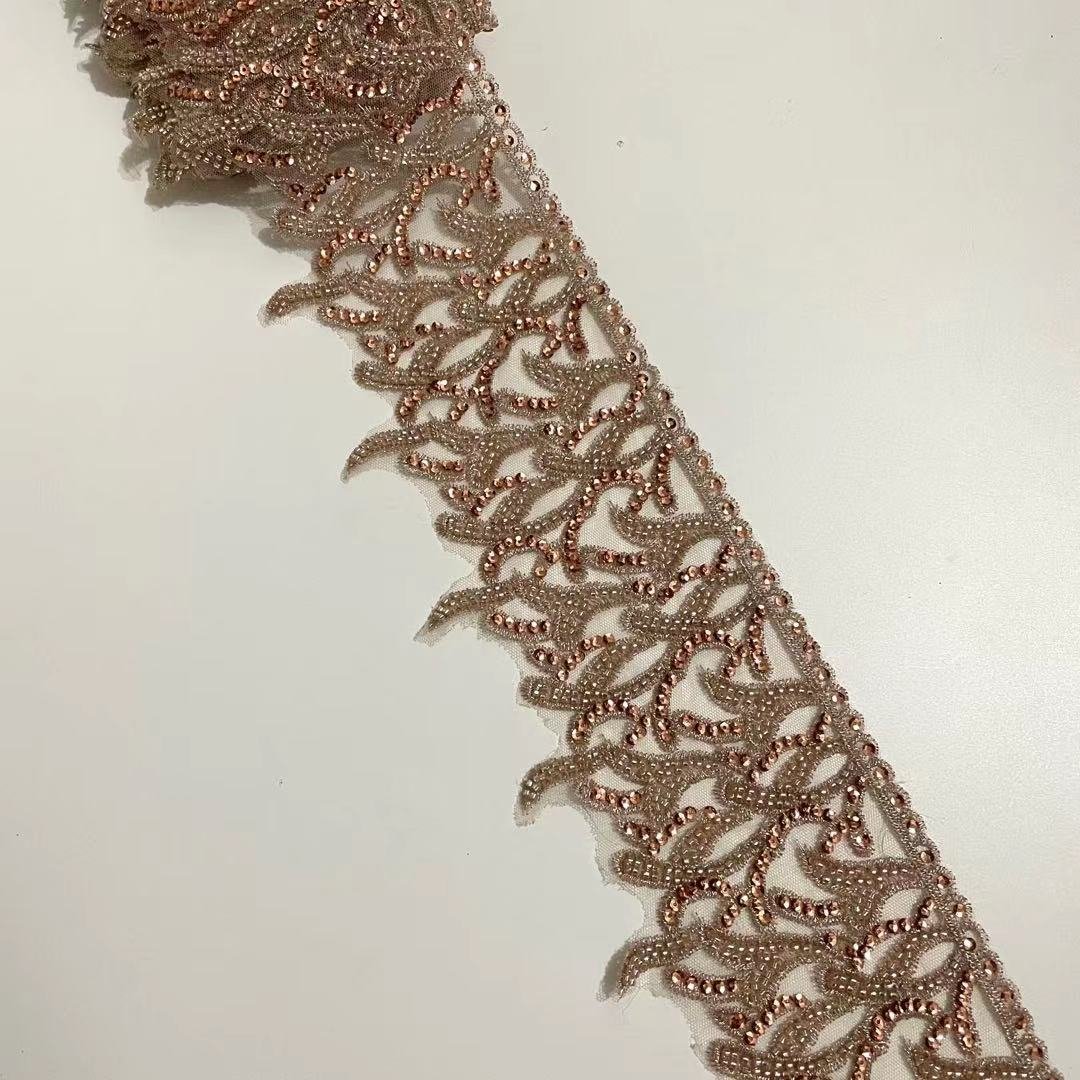 Sew on seed bead lace applique 3d embroidery rhinestone bead lace trim for haute couture