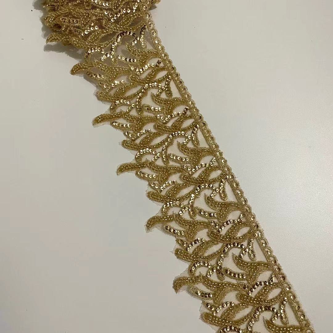 Sew on seed bead lace applique 3d embroidery rhinestone bead lace trim for haute couture