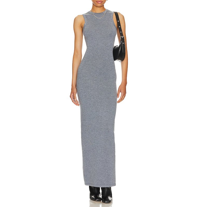 High Quality Office Work Knitted Tank Rib Maxi Women Ribbed Long Knit Dress