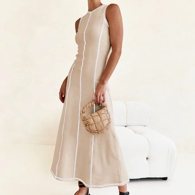 Summer Casual Vintage Ribbed Knitting Stitching O-neck Sleeveless Midi Dress For Women