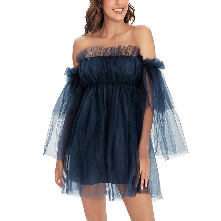 Women's Romantic Off Shoulder Flounce Long Sleeve Wedding Ruffle Lace Mesh Party Mini Dress