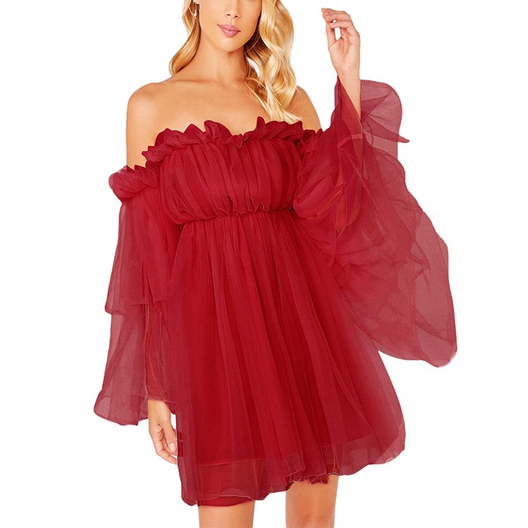 Women's Romantic Off Shoulder Flounce Long Sleeve Wedding Ruffle Lace Mesh Party Mini Dress