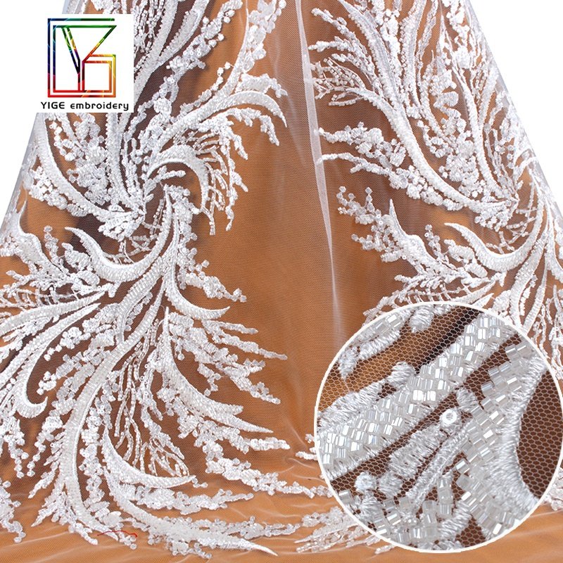 2022New Luxury white bridal beads lace Wedding mesh lace fabrics with shiny crystal sequins Dress Fabric