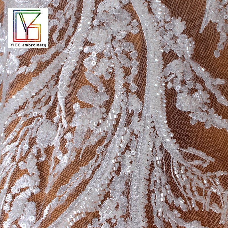 2022New Luxury white bridal beads lace Wedding mesh lace fabrics with shiny crystal sequins Dress Fabric
