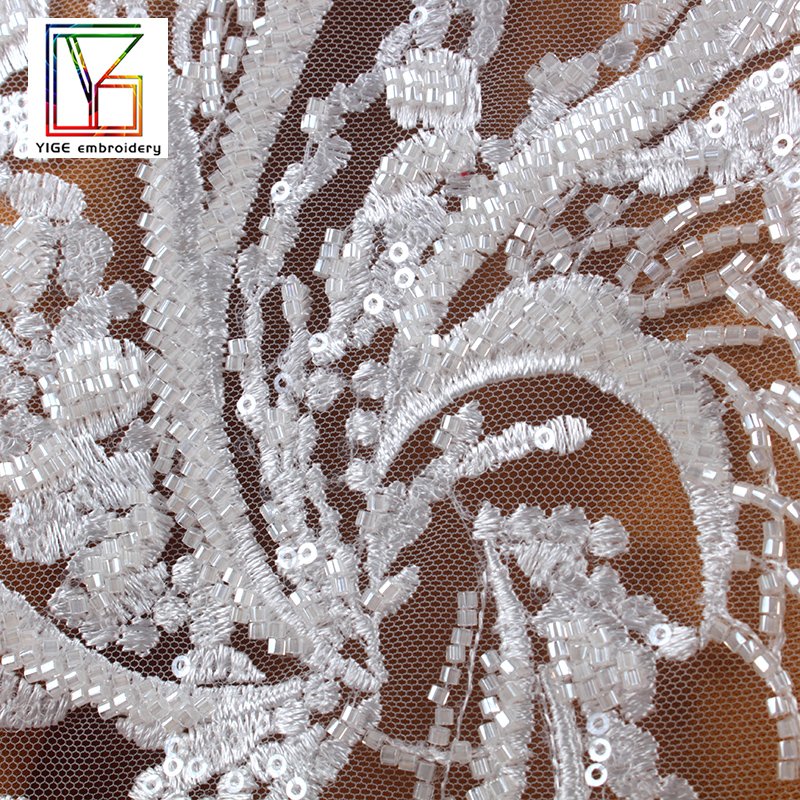 2022New Luxury white bridal beads lace Wedding mesh lace fabrics with shiny crystal sequins Dress Fabric