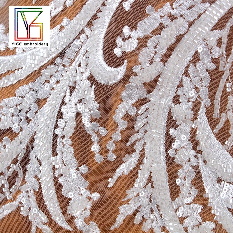 2022New Luxury white bridal beads lace Wedding mesh lace fabrics with shiny crystal sequins Dress Fabric
