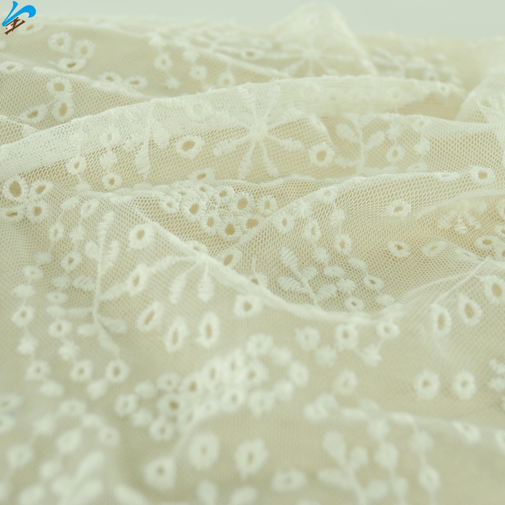Factory Direct High Quality Polyester Ivory Lace Embroidery Fabric Eyelet Tulle Lace Fabric For Woman Wedding Dress