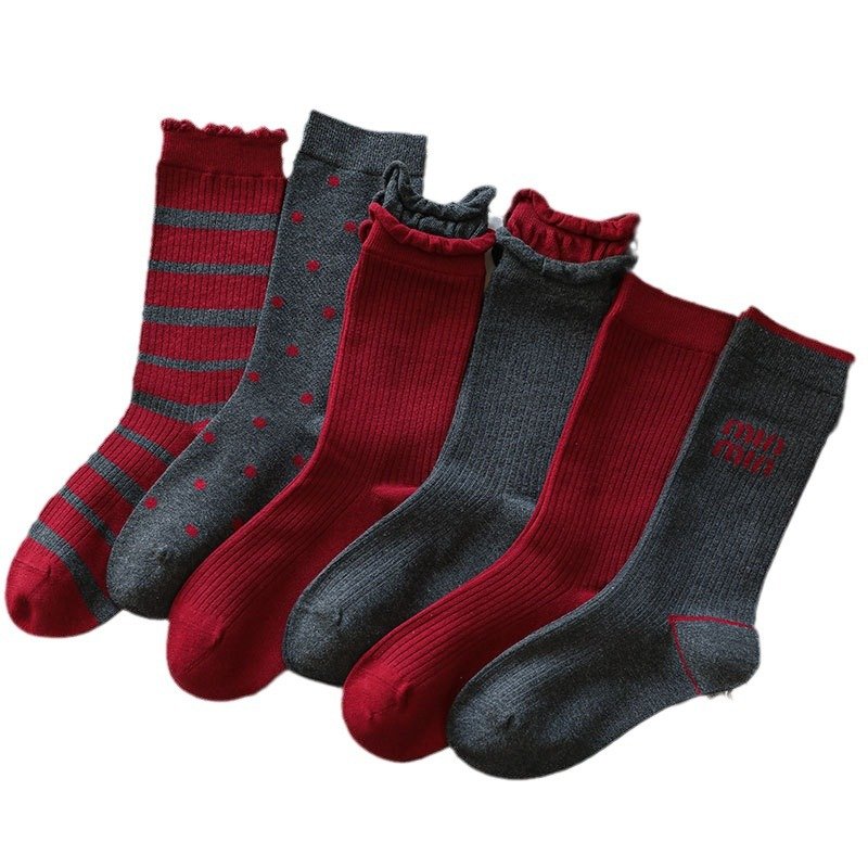 Women's Red Mid Calf Crew Socks Ribbed Knit Dress Boot Socks