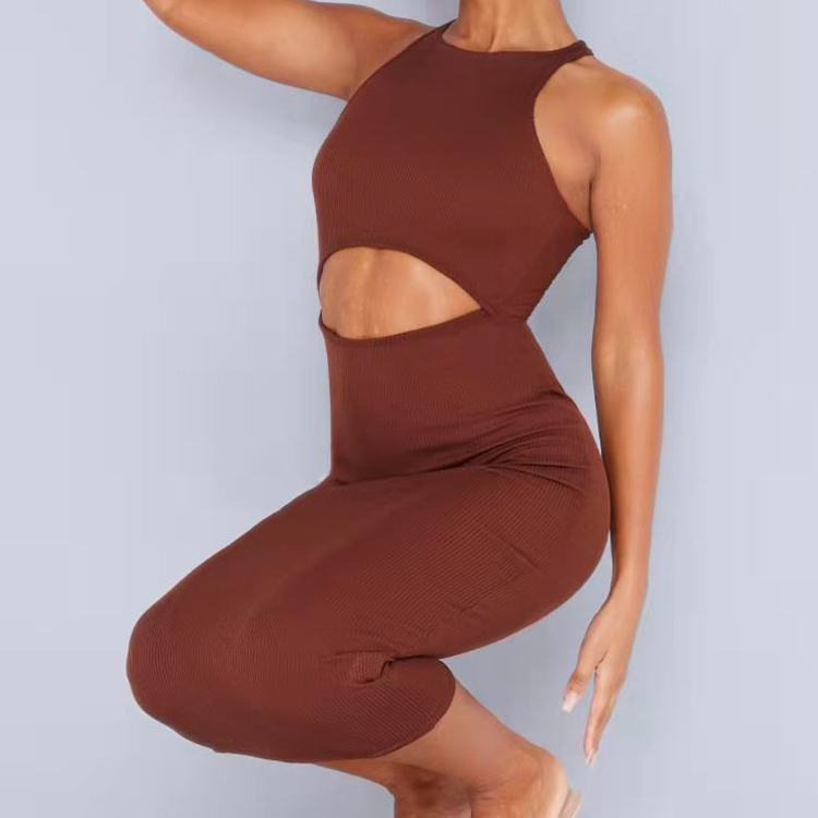 Wholesale Summer Women Fashion Bodycon Sleeveless Dresses Cut Out Racer Neck Rib Knitting Bodycon Midi Dress