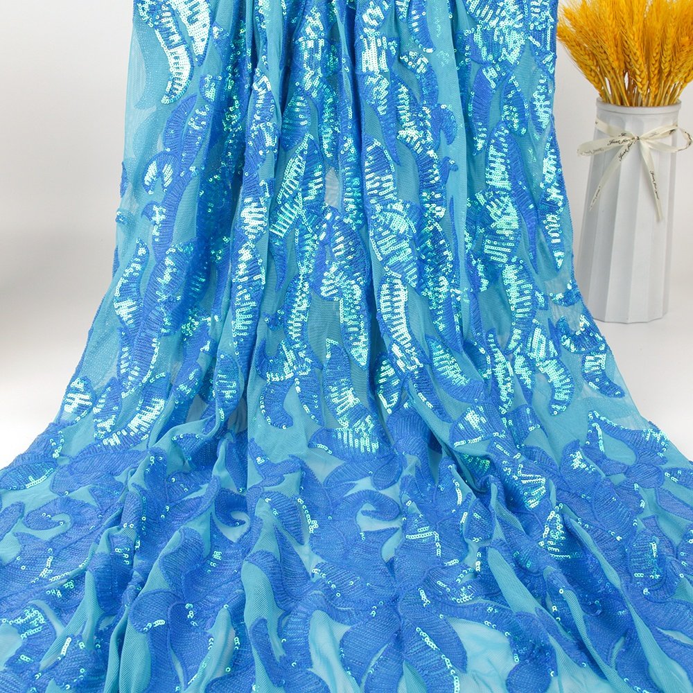 African Most Popular 3D yellow sequin lace mesh soft 100% polyester embroidery fabric, suitable for girl dress and scarv