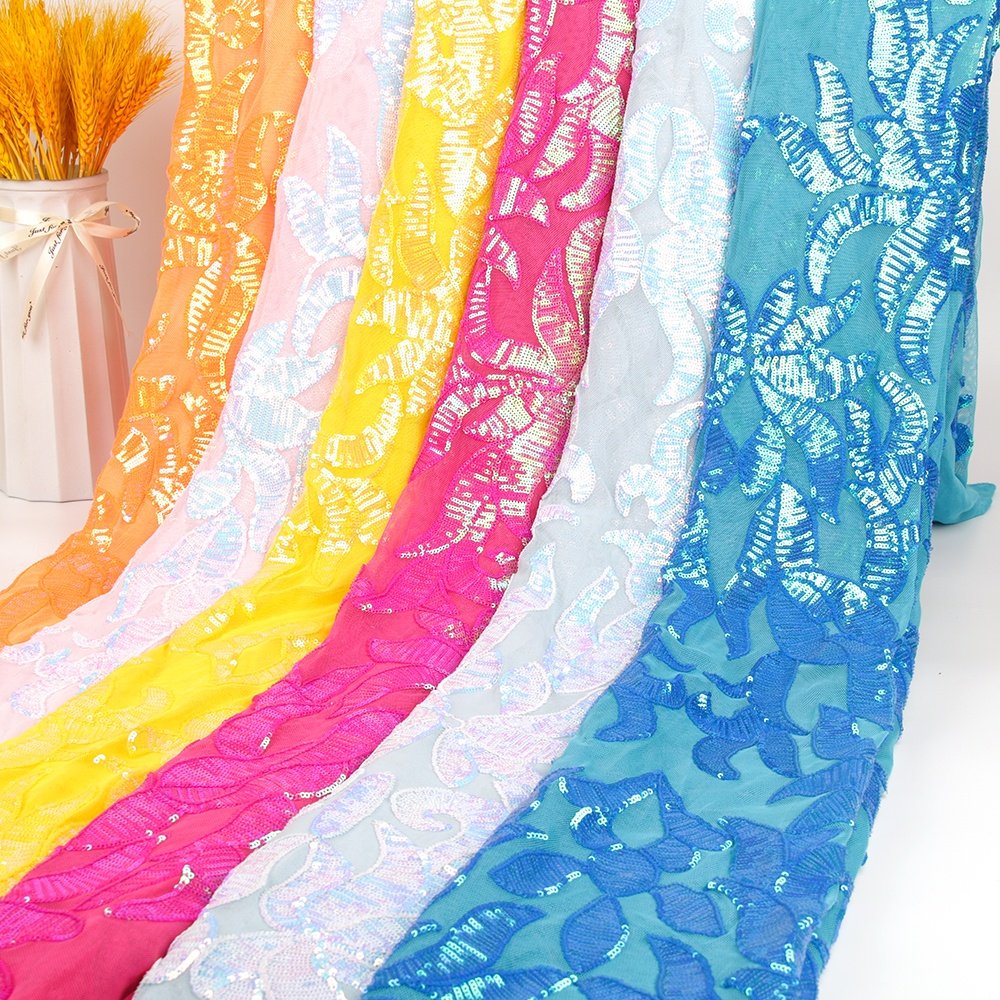African Most Popular 3D yellow sequin lace mesh soft 100% polyester embroidery fabric, suitable for girl dress and scarv