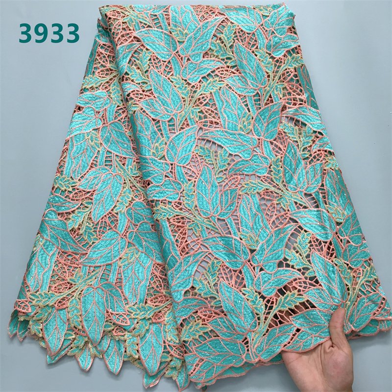 Green African Cord Lace Fabric with Rhinestones Wholesale Guipure Water Soluble Embroidery Lace for Women Party Dresses 3933