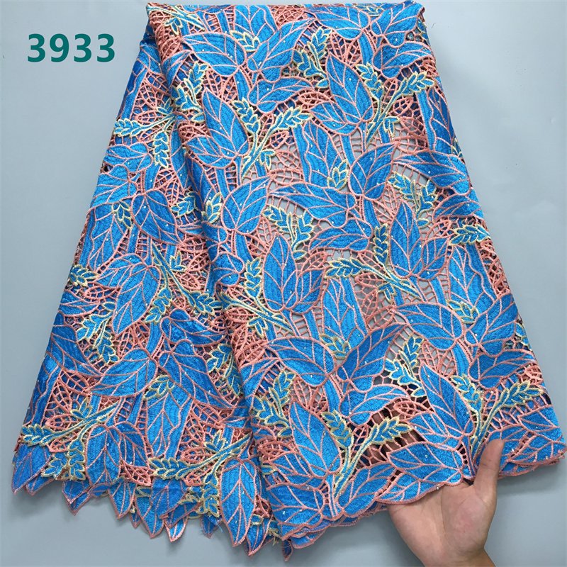 Green African Cord Lace Fabric with Rhinestones Wholesale Guipure Water Soluble Embroidery Lace for Women Party Dresses 3933
