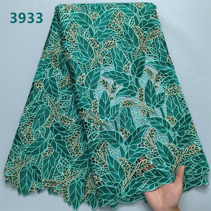 Green African Cord Lace Fabric with Rhinestones Wholesale Guipure Water Soluble Embroidery Lace for Women Party Dresses 3933
