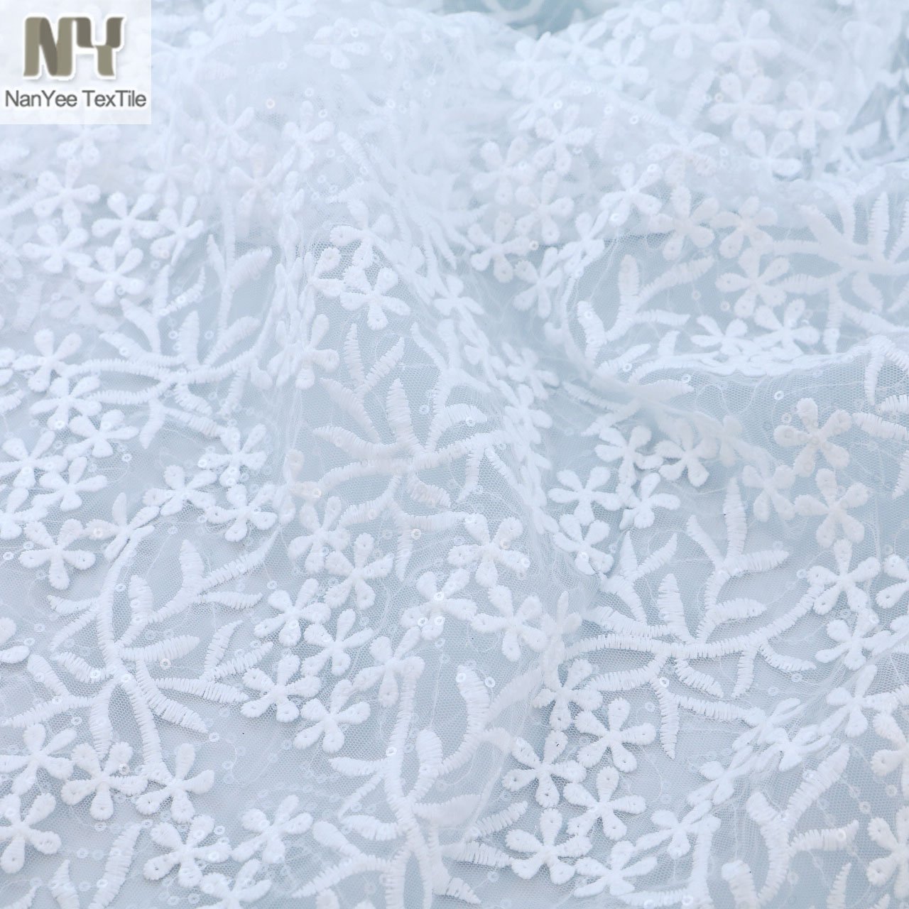 Nanyee Textile Dress Embroidery Fabric French White Sequins Lace For Wedding Gown