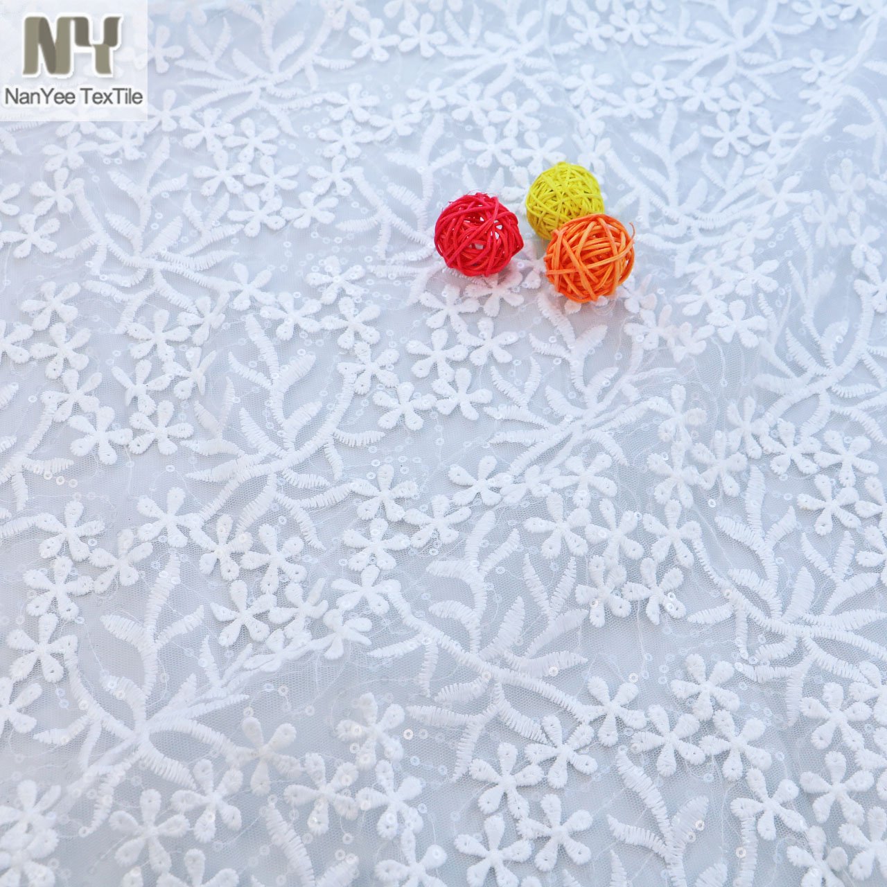 Nanyee Textile Dress Embroidery Fabric French White Sequins Lace For Wedding Gown