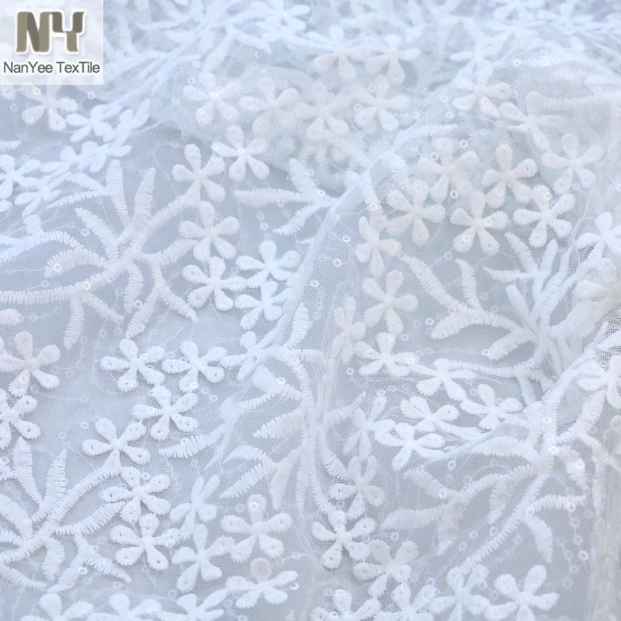 Nanyee Textile Dress Embroidery Fabric French White Sequins Lace For Wedding Gown