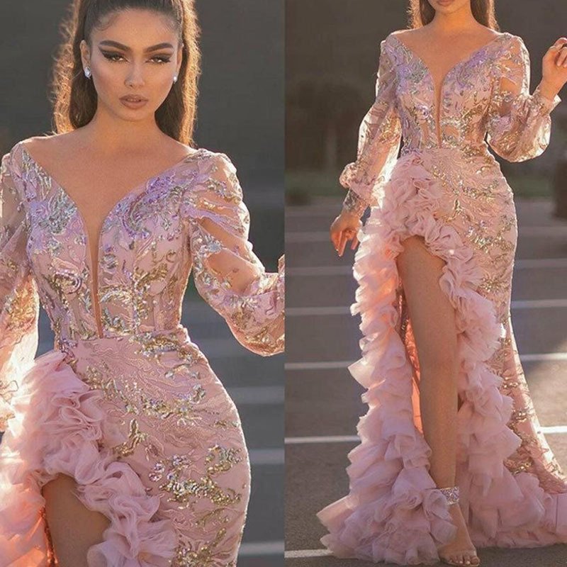 Women Luxurious Evening Dress Sleeveless Lace Beads High Neck Mermaid Backless Prom Gowns With Ruffles High Slit