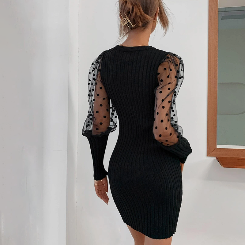 Hot Style Autumn Womens Casual Dress Women Lace Dot Mesh Stitching Foam Sleeve Knitted Rib Sweater Dress