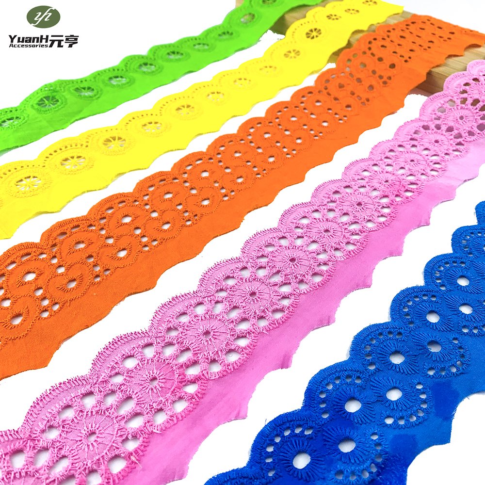 Hot Sale Colorful Embroidered Cotton Lace Trim French Eyelet Trimming for African Garment Decorations