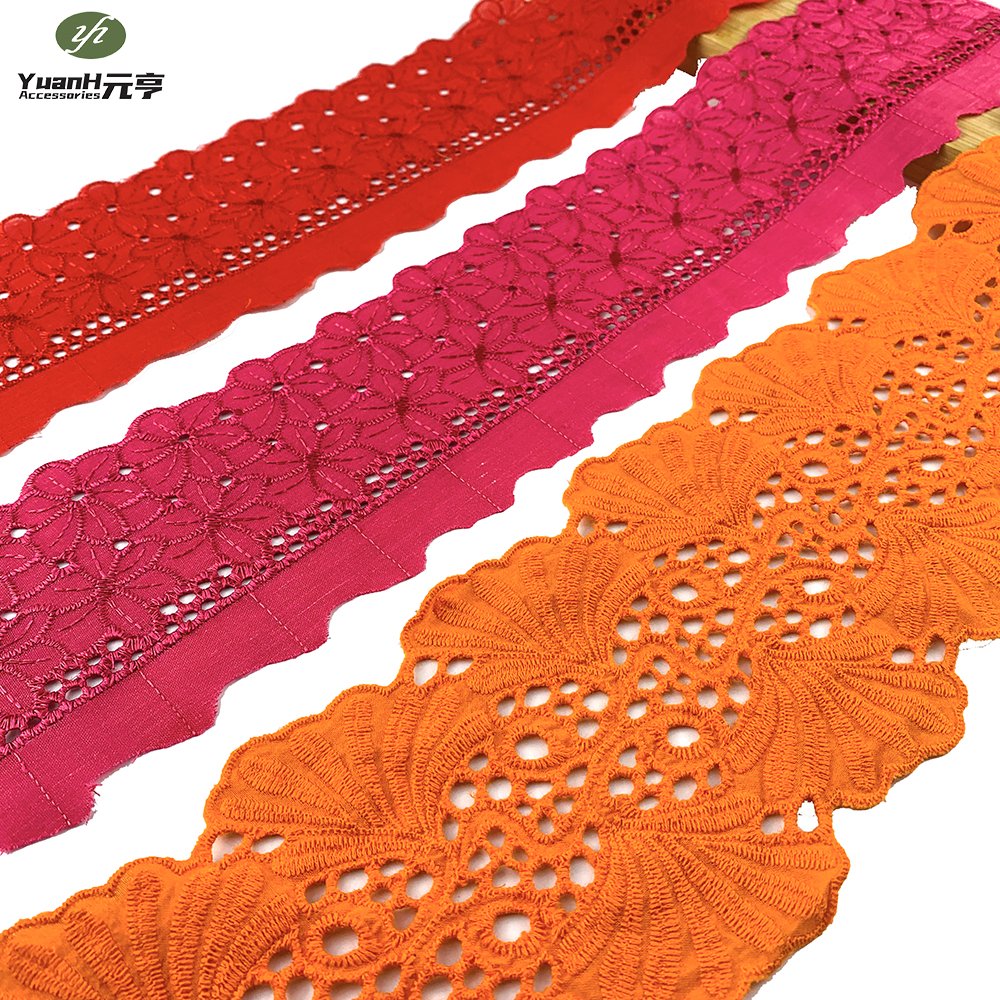 Hot Sale Colorful Embroidered Cotton Lace Trim French Eyelet Trimming for African Garment Decorations
