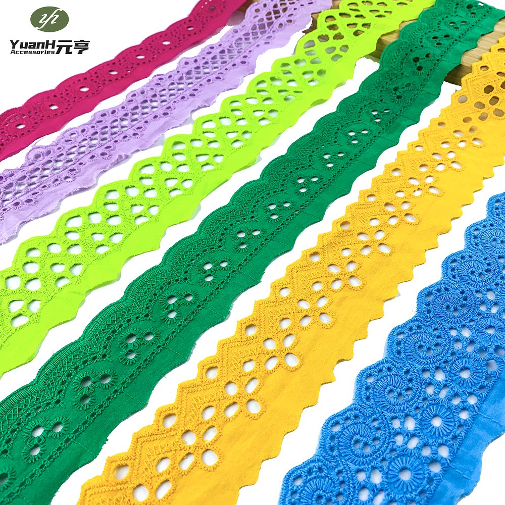 Hot Sale Colorful Embroidered Cotton Lace Trim French Eyelet Trimming for African Garment Decorations