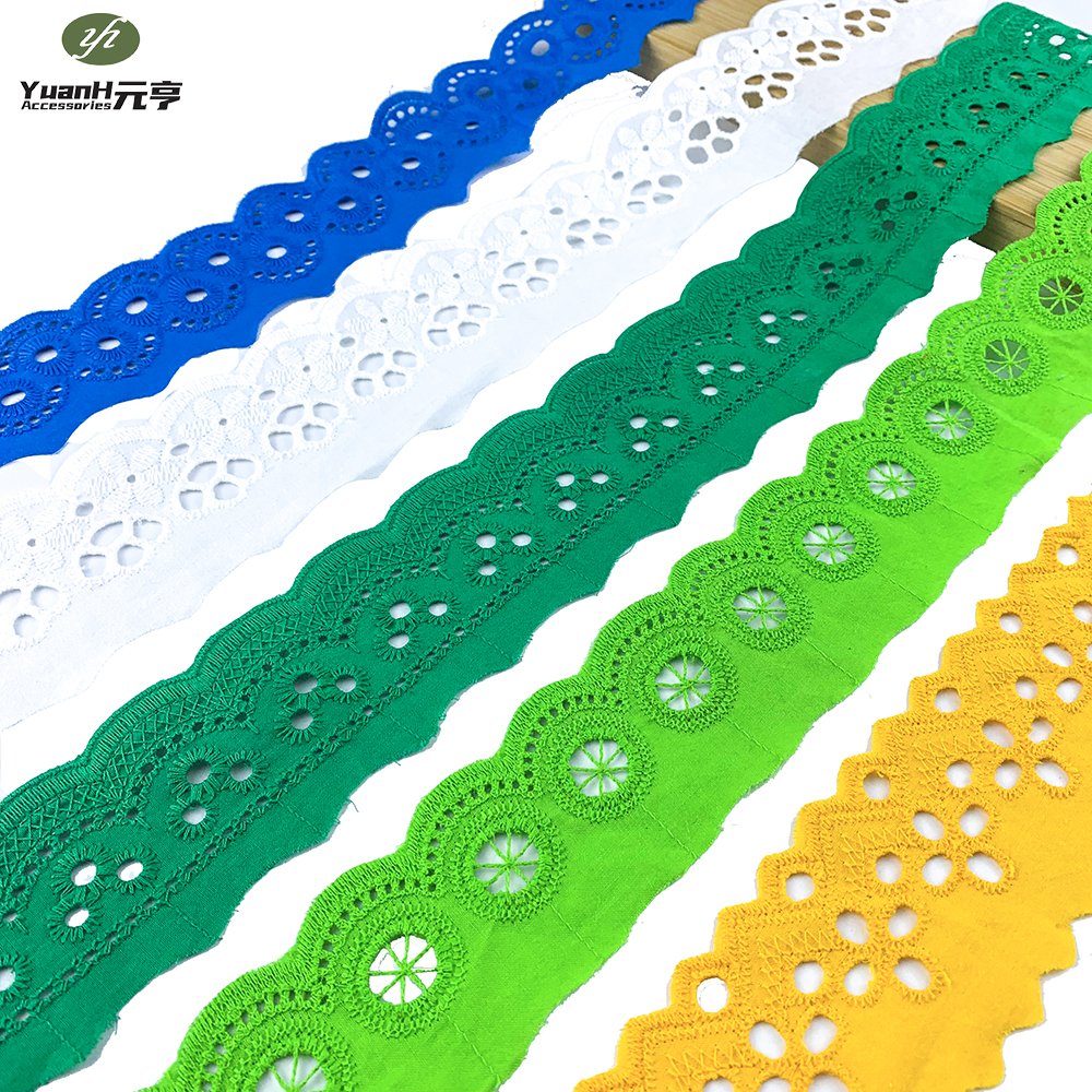 Hot Sale Colorful Embroidered Cotton Lace Trim French Eyelet Trimming for African Garment Decorations