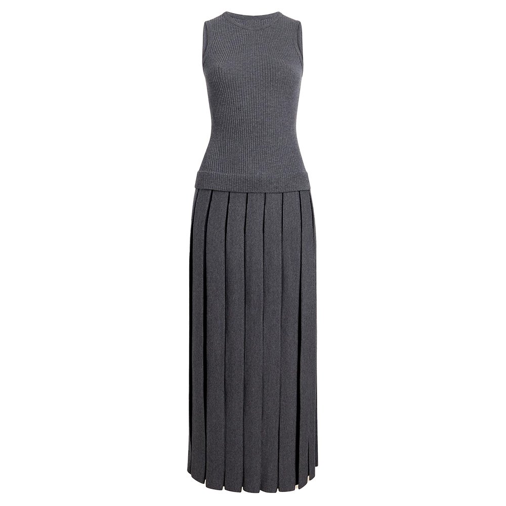 Knitwear Manufacturer Custom Autumn Winter fake two-piece look Pleated ribbed wool blend mid-length dressSleevelessKnit Sweater