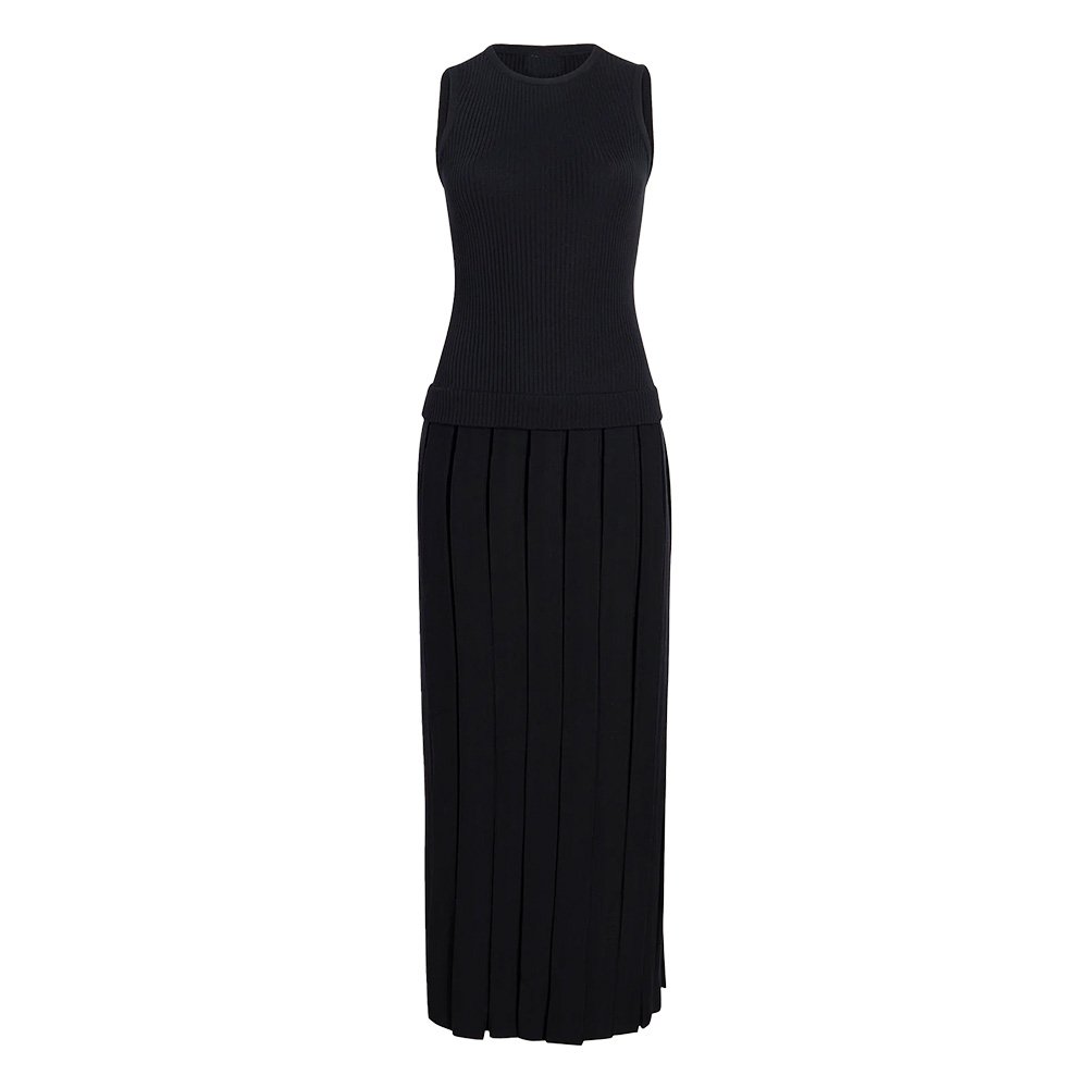 Knitwear Manufacturer Custom Autumn Winter fake two-piece look Pleated ribbed wool blend mid-length dressSleevelessKnit Sweater