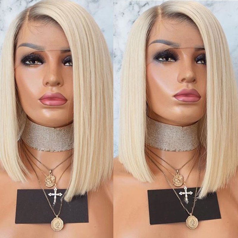Blonde Color Lace Front Wigs Human Hair 180% Density Virgin Brazilian Hair Glueless Short Bob Wigs Pre Plucked for Woman